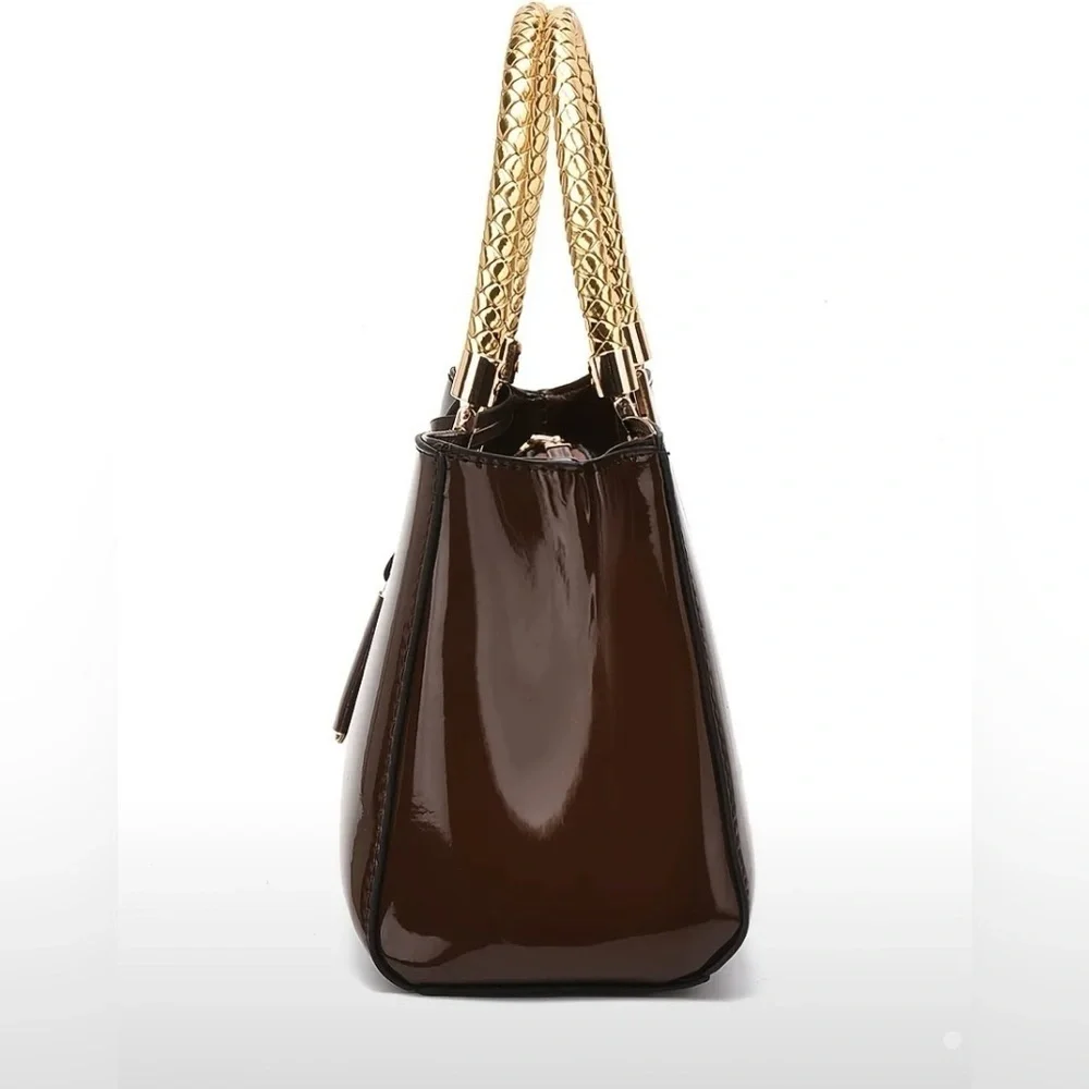 NWOT Elegant Evening Satchel Crossbody Bag Glossy Brown Zipper PU Leather Dusty